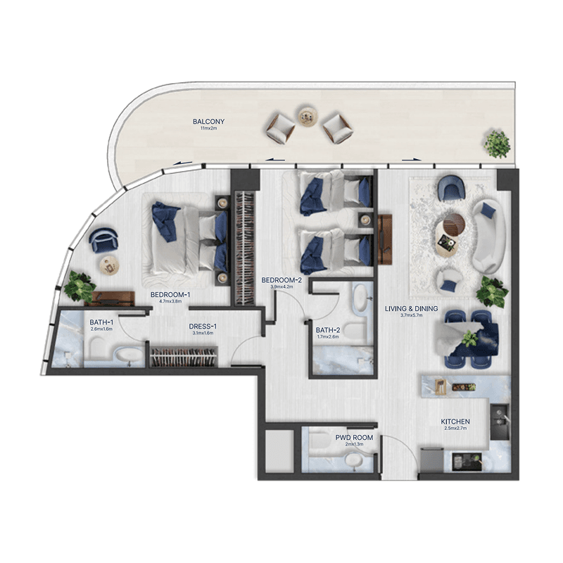 2 Bedrooms floor plan