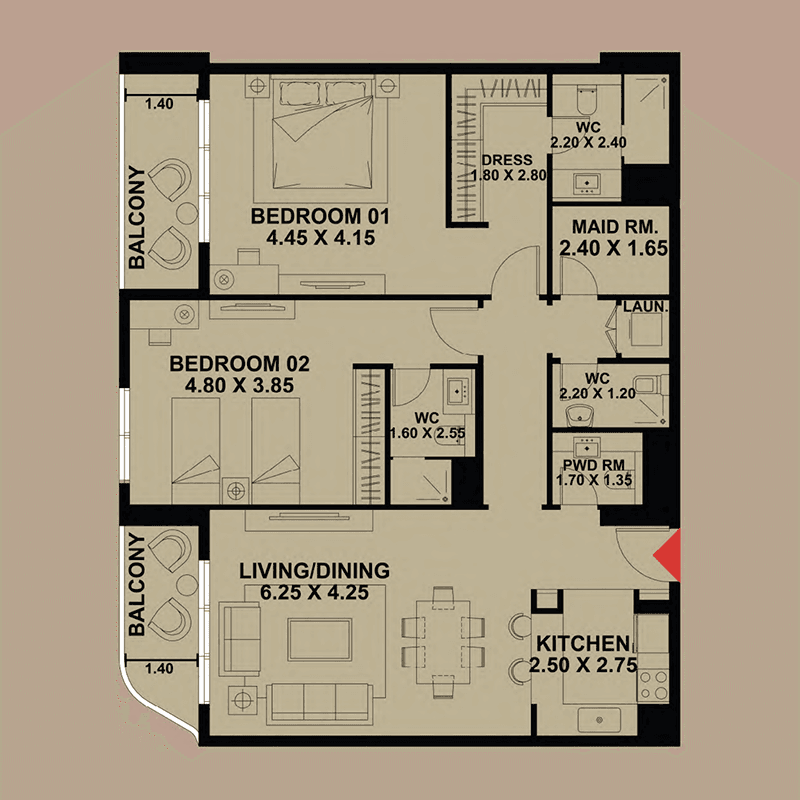 2 Bedrooms floor plan