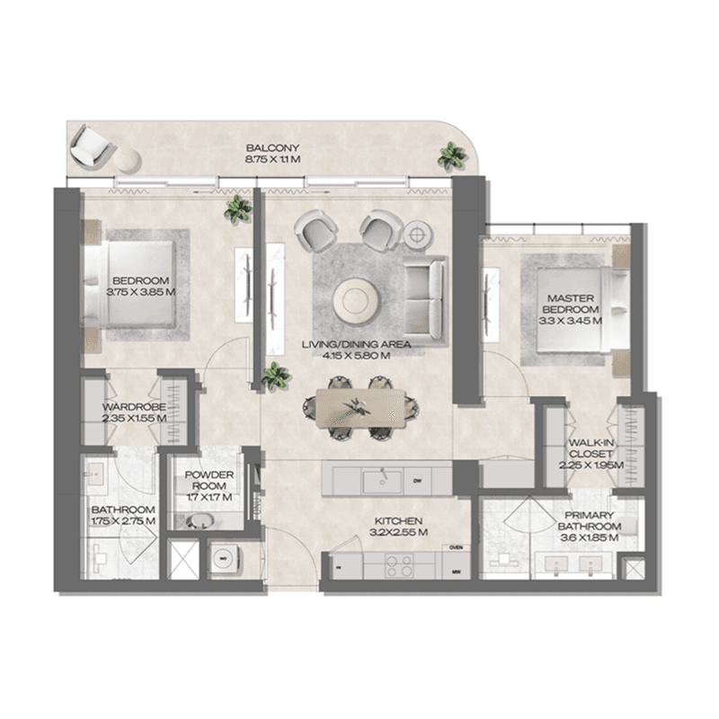 2 Bedrooms floor plan