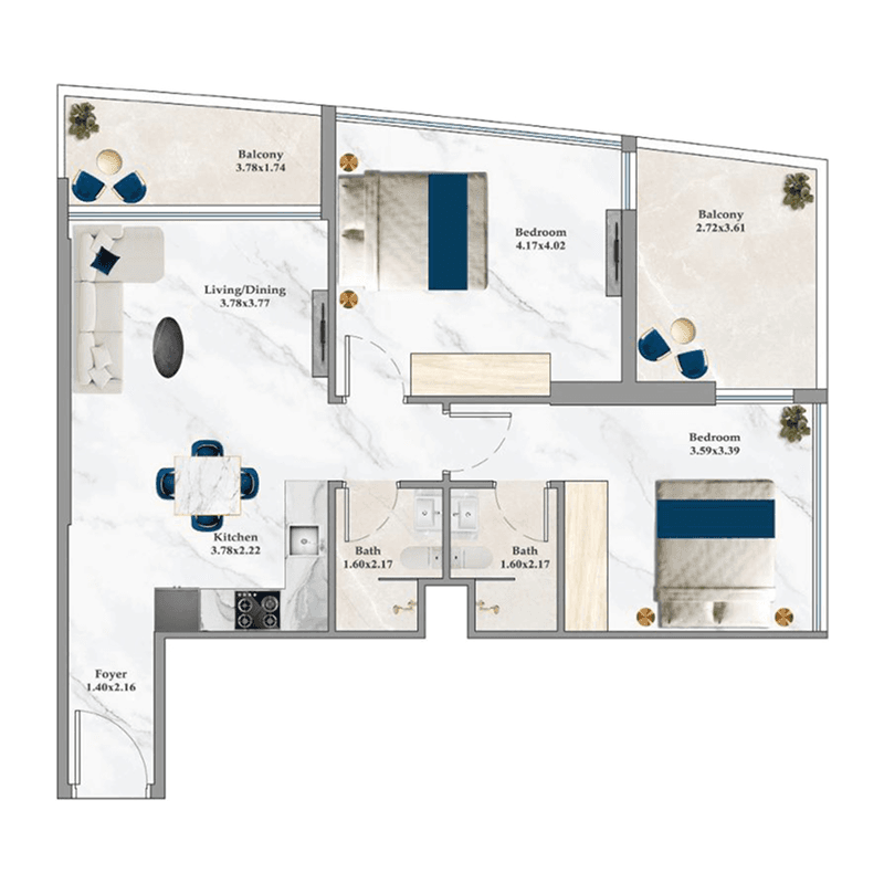 2 Bedrooms floor plan