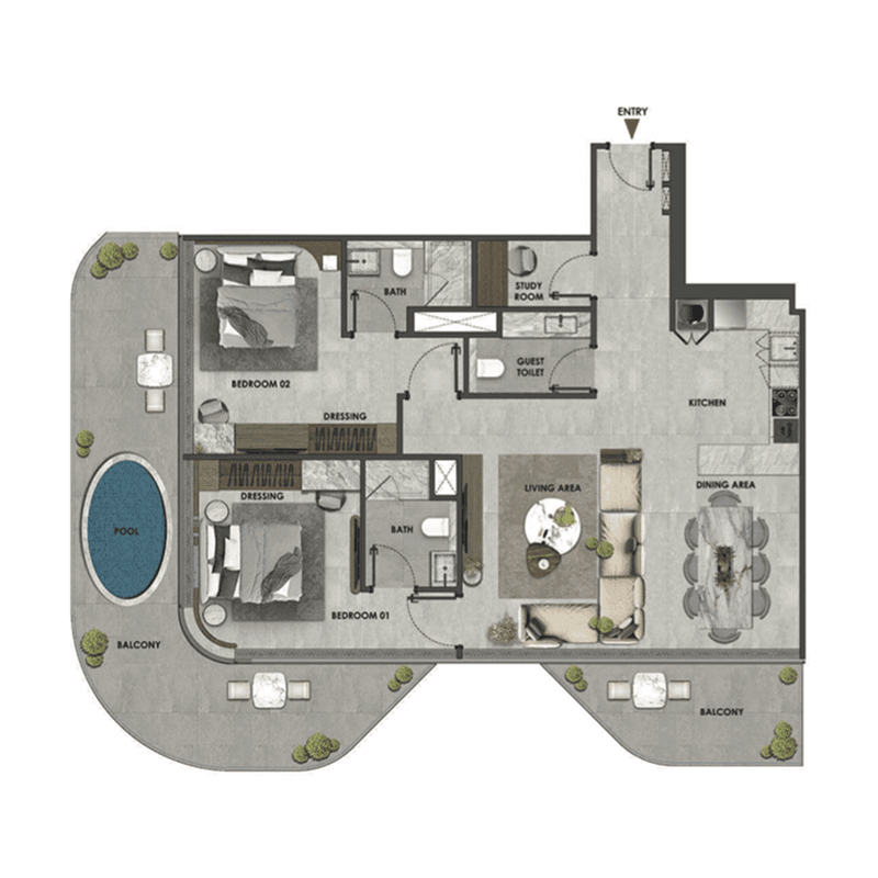 2 Bedrooms floor plan