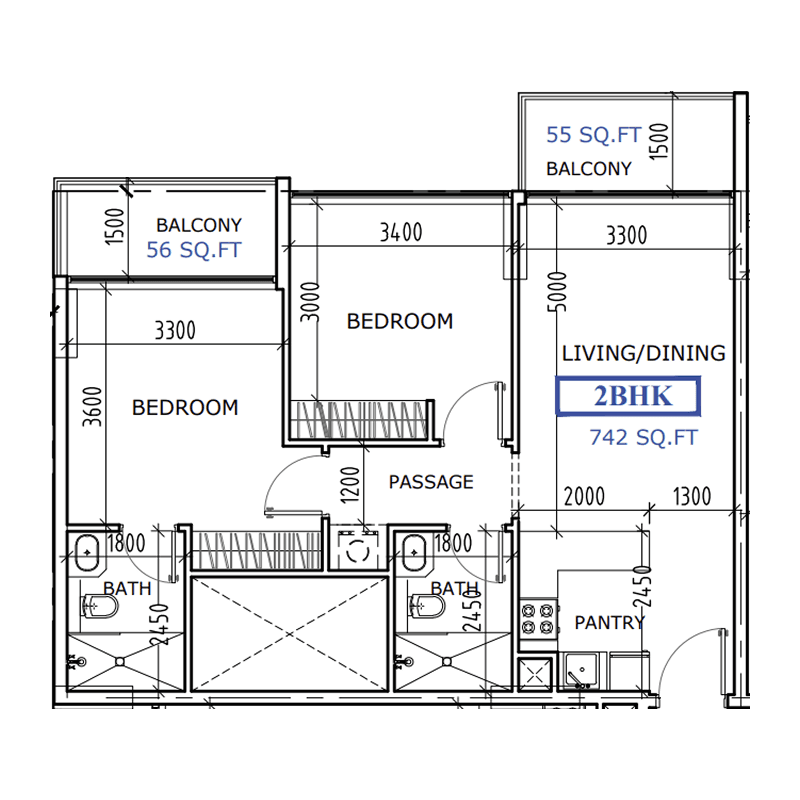 2 Bedrooms floor plan