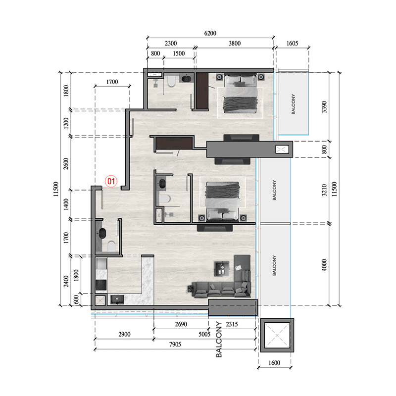 2 Bedrooms floor plan