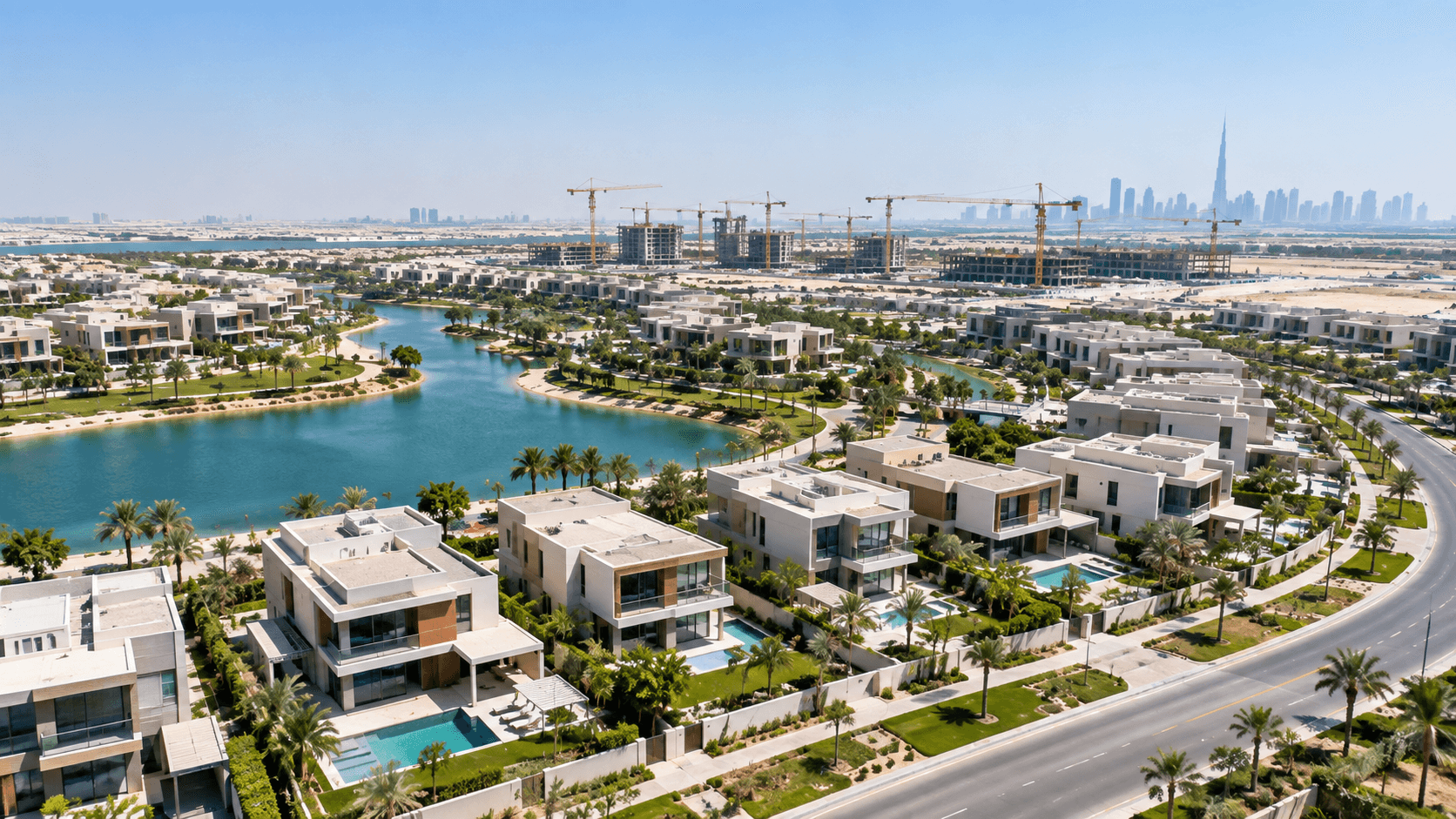 Aerial view of a new Dubai villa community under construction