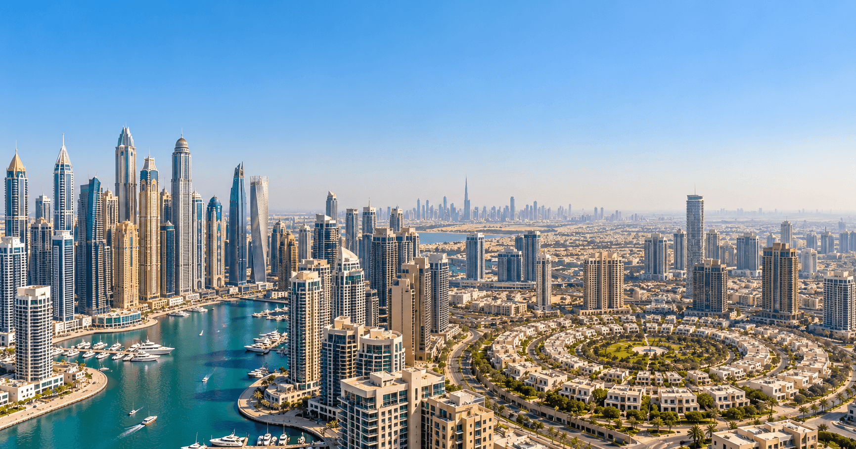 Dubai Marina and Jumeirah Village Circle towers under a clear sky