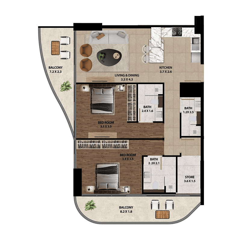 2 Bedrooms floor plan