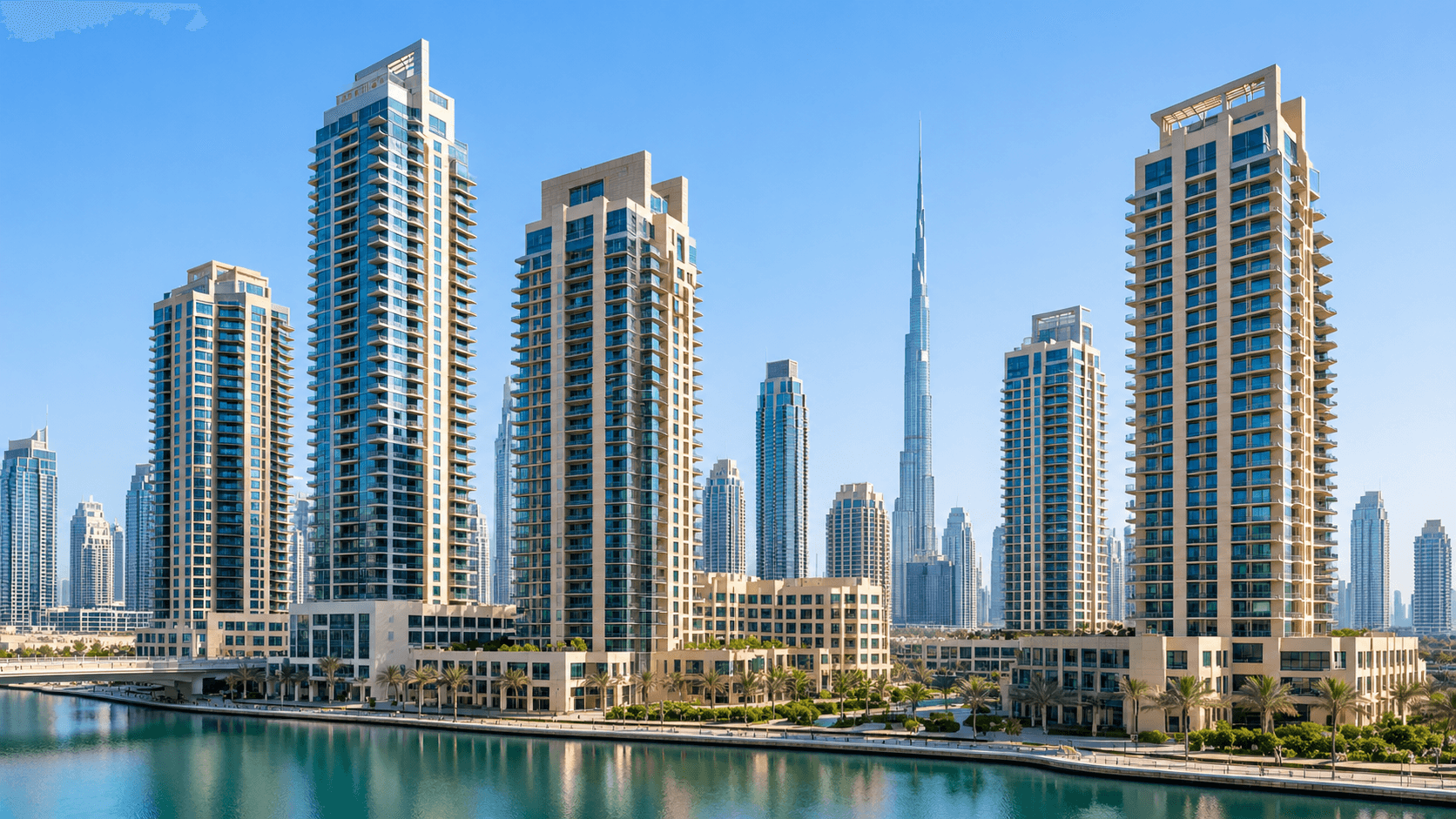 Cluster of Dubai apartment towers in daylight