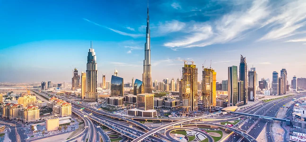 Aerial view of the Dubai skyline from Business Bay toward Burj Khalifa